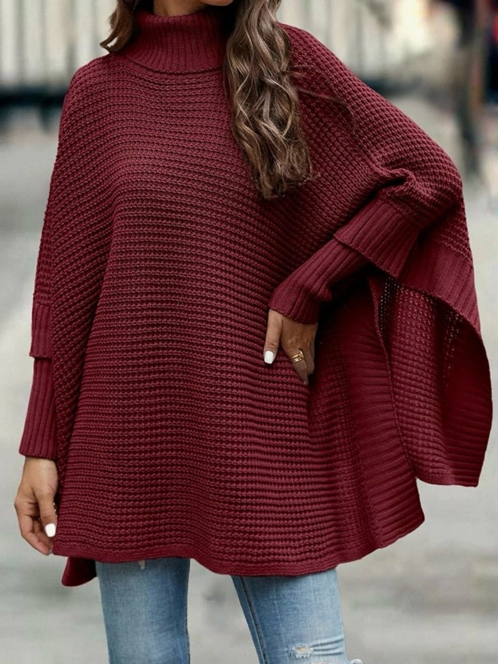 Women's Burgundy Knit Turtleneck Poncho Sweater